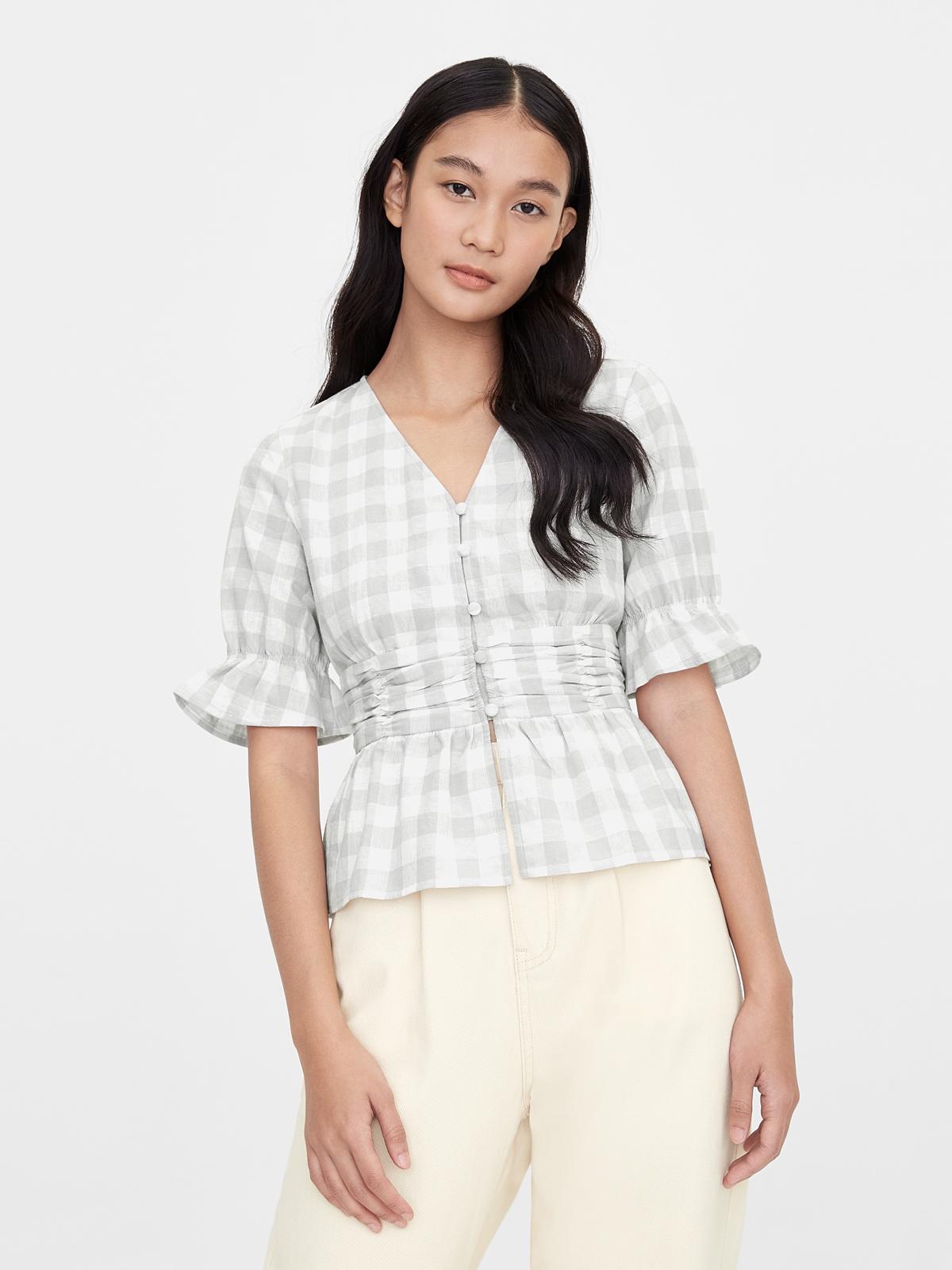 Purpose Gingham Cinched Blouse - Light Grey