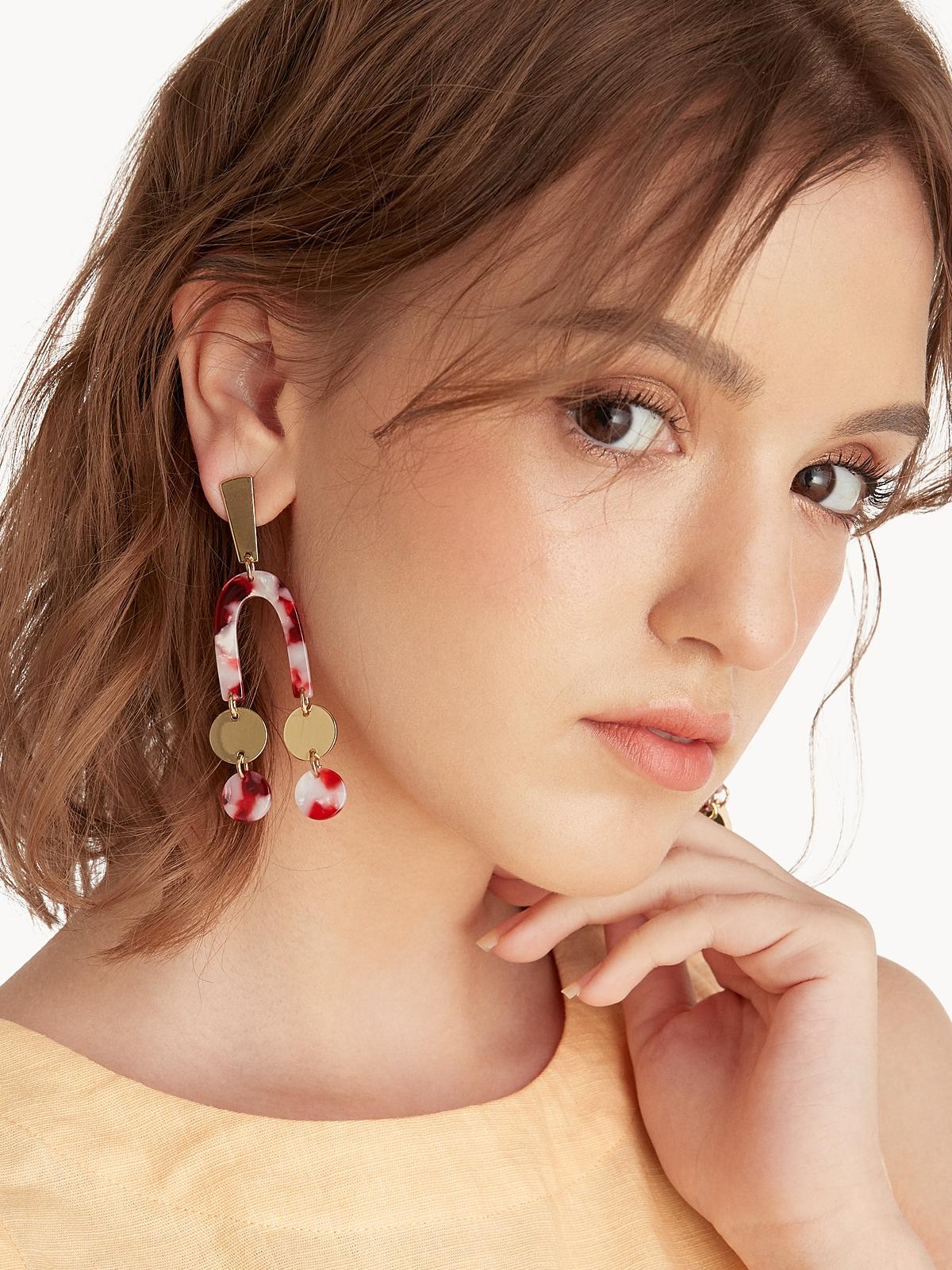 Marbled U Double Drop Earrings - Red