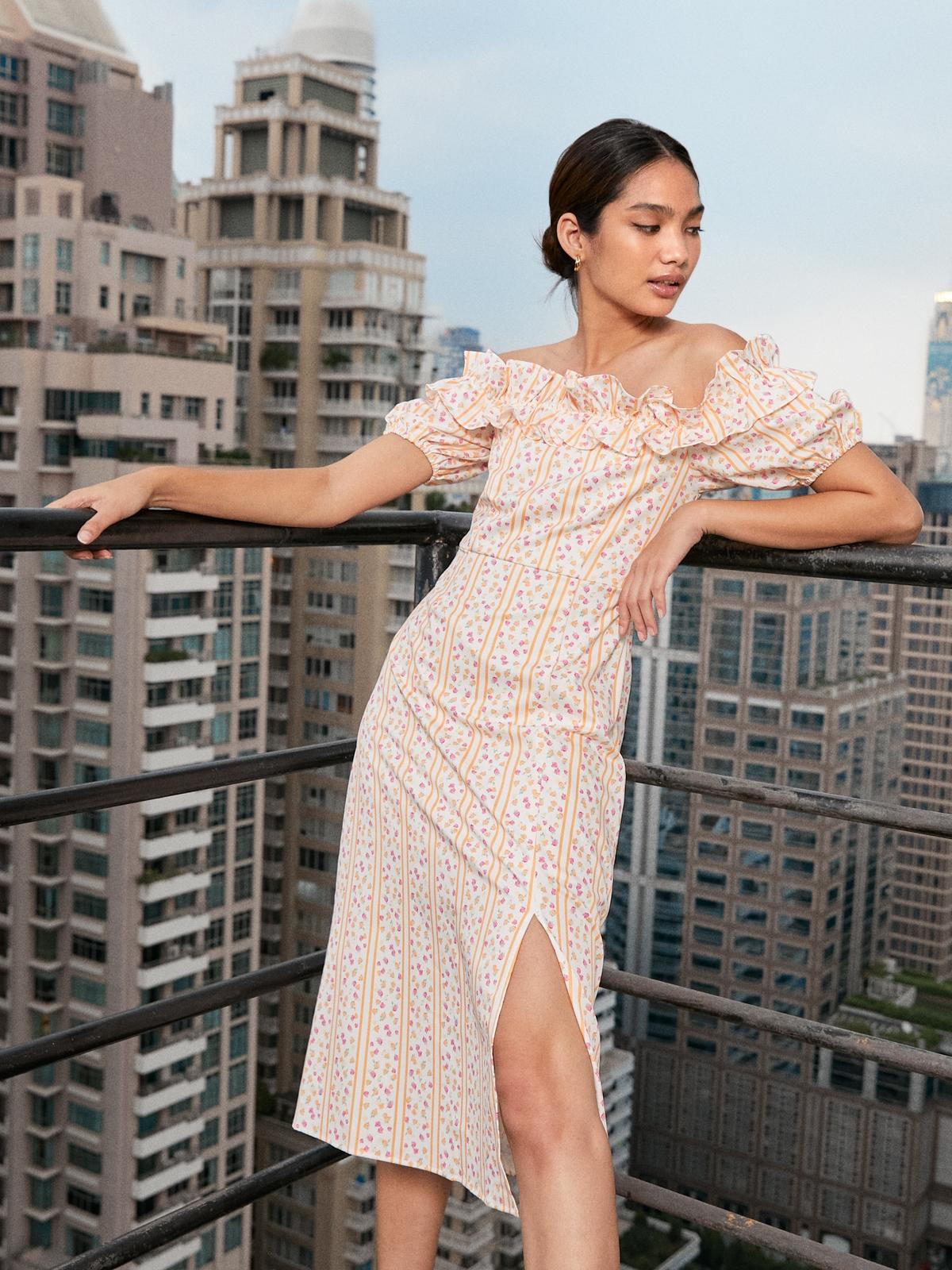 Off-Shoulder Printed Midi Dress - Orange