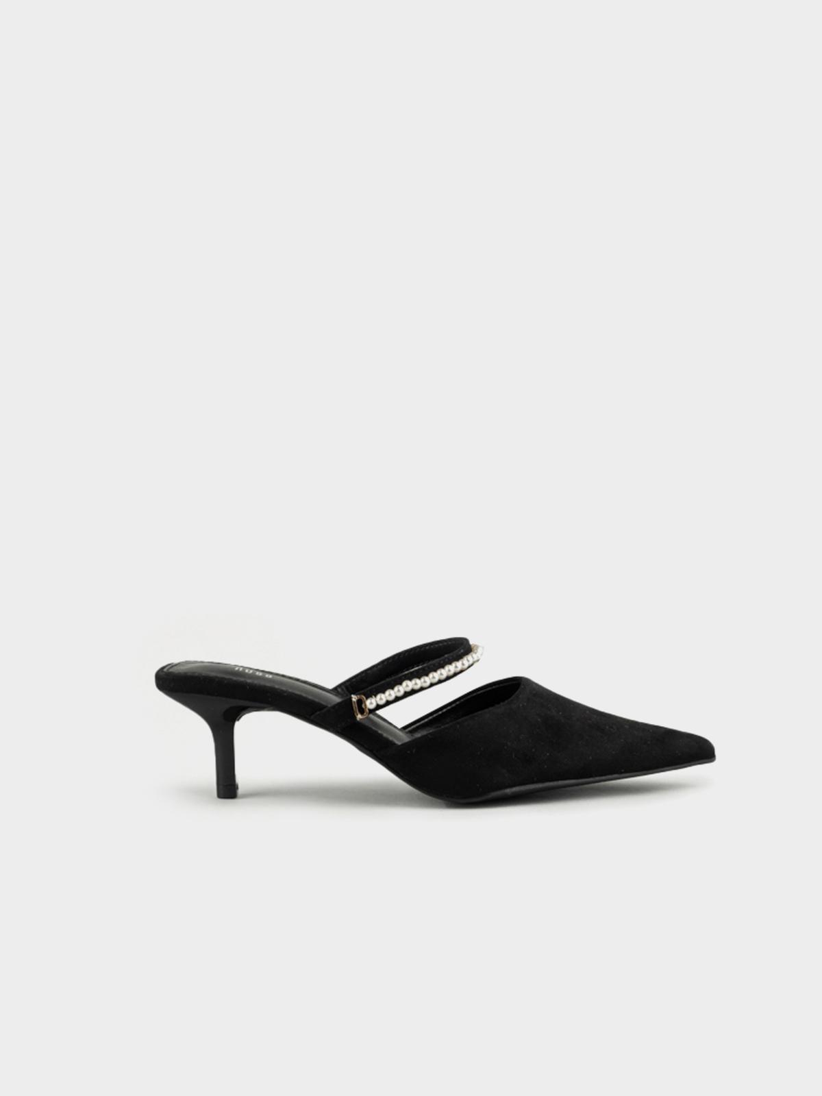 Pearl Embellished Heel Mule - Black