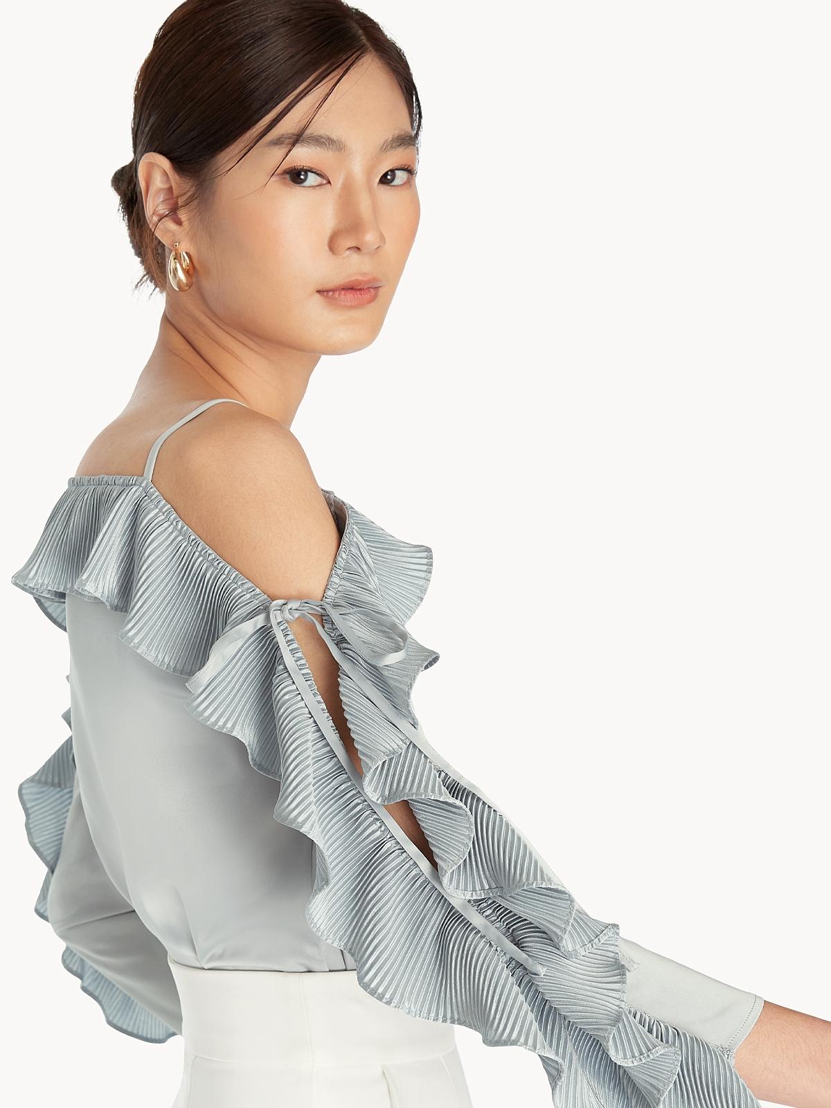 Cold Shoulder Ruffled Sleeves Blouse - Light Grey