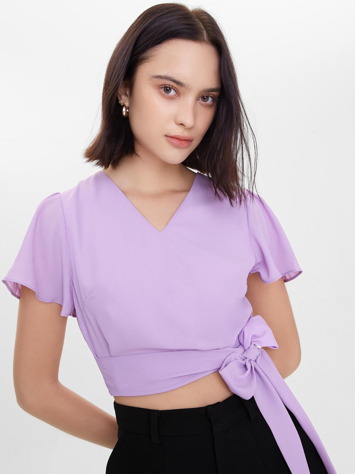 Flounce Sleeve Tie Waist Crop Top - Purple
