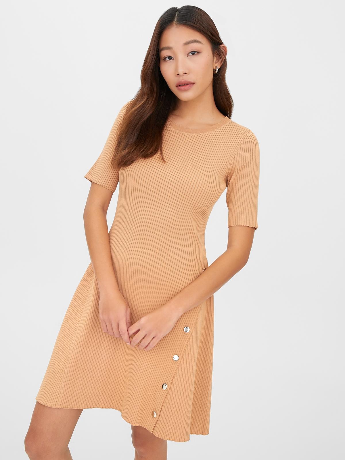 Rounded Crew Neckline Mini Dress - Caramel