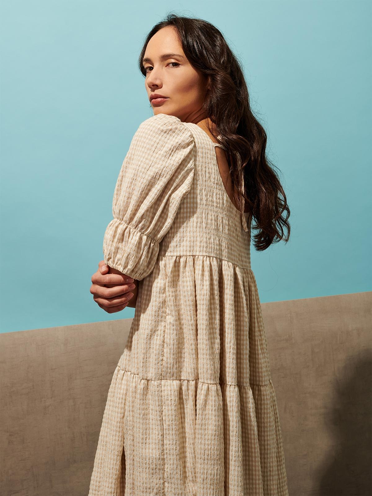 Grind Gingham Midi Dress - Beige