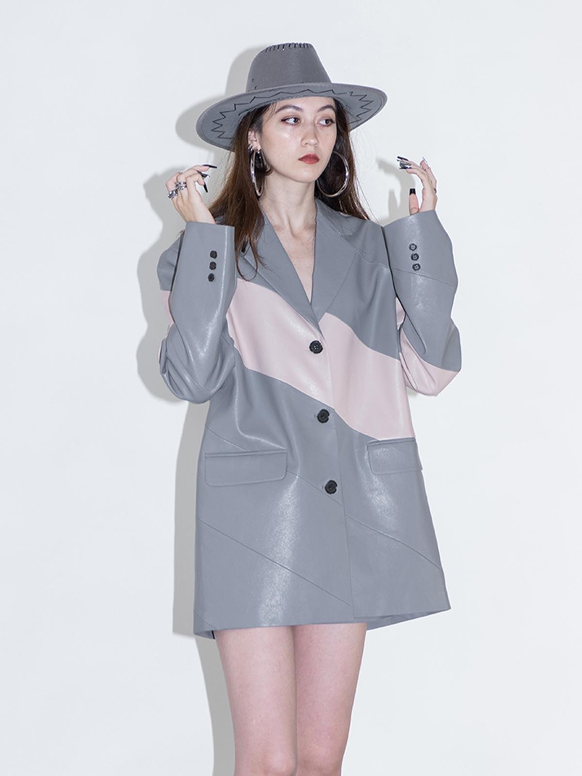 Contrasting Color Leather Blazer - Grey