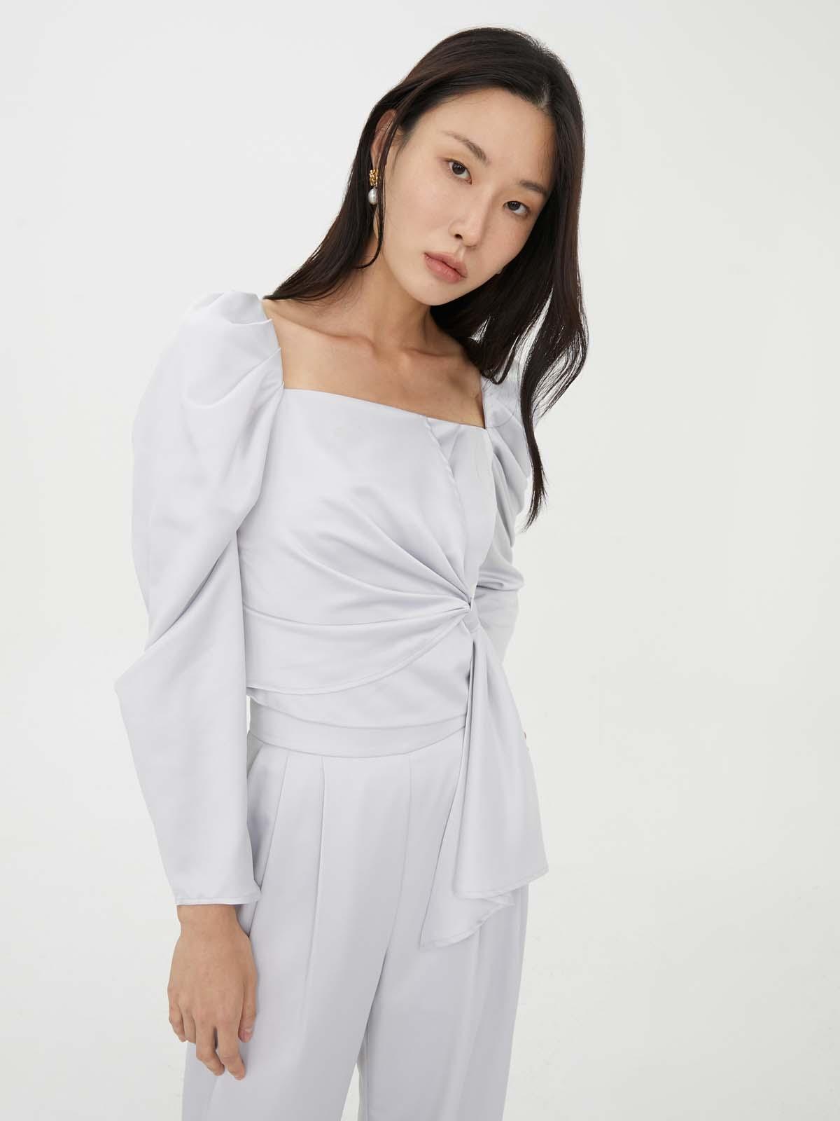 Gathered Front Long Sleeve Top - Light Grey