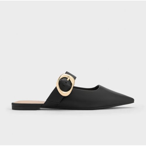  Buckle-Strap Flat Mules - Black 