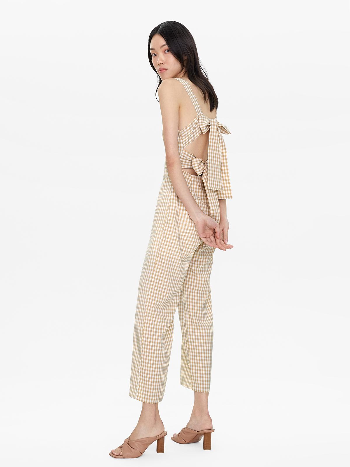 Gingham Open Back Jumpsuit - Beige