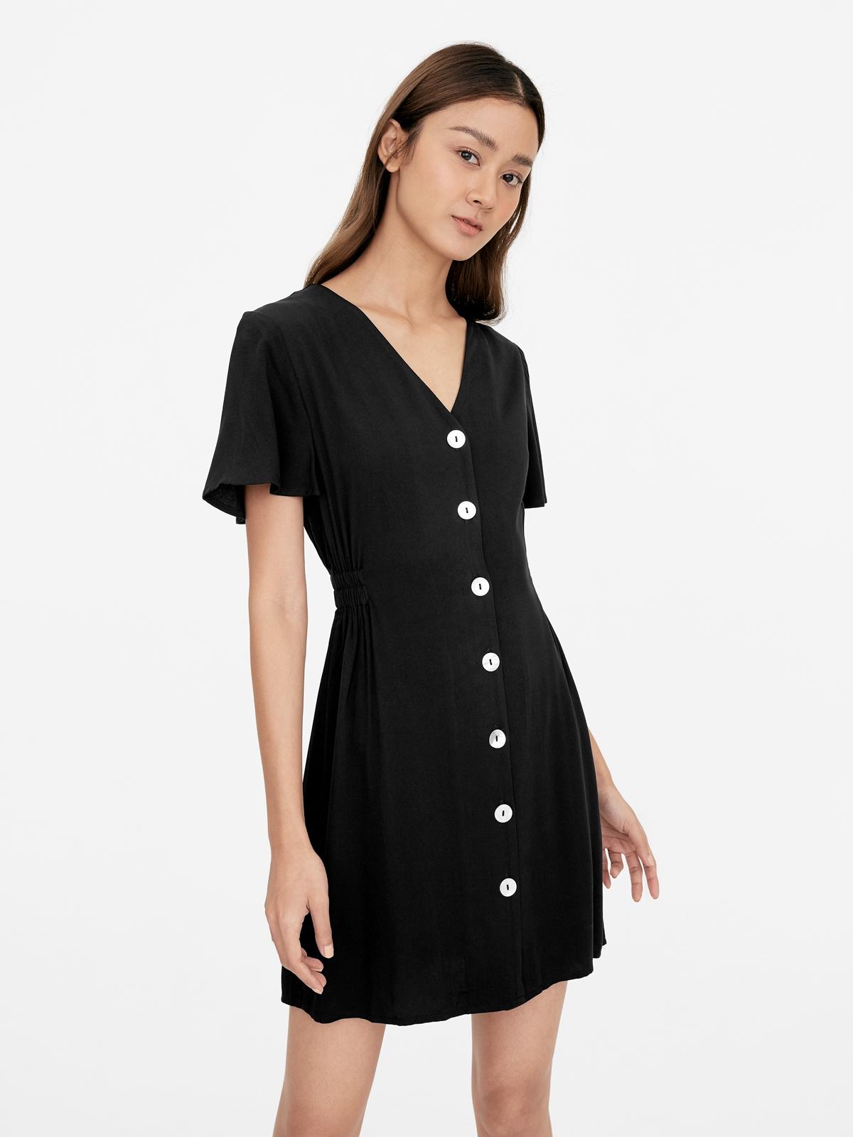 Ruched Waist Button Up Dress - Black