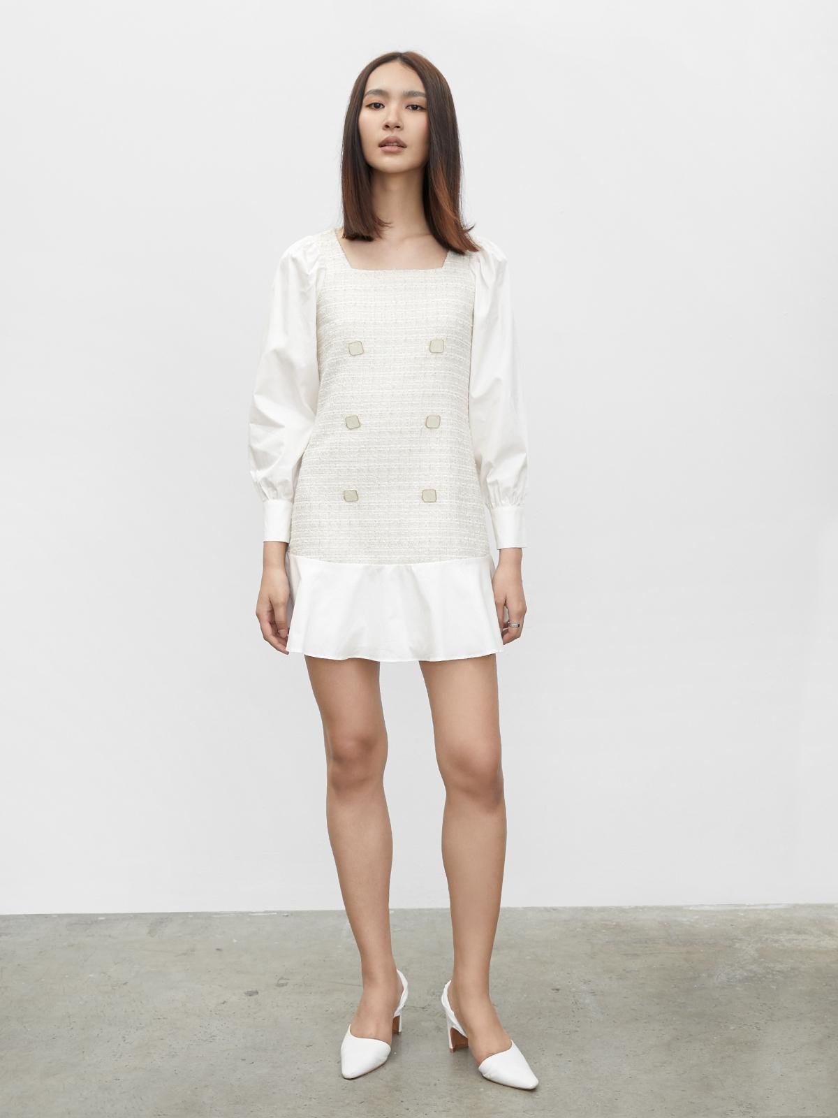 Satin Tweed Buttoned Dress - Cream