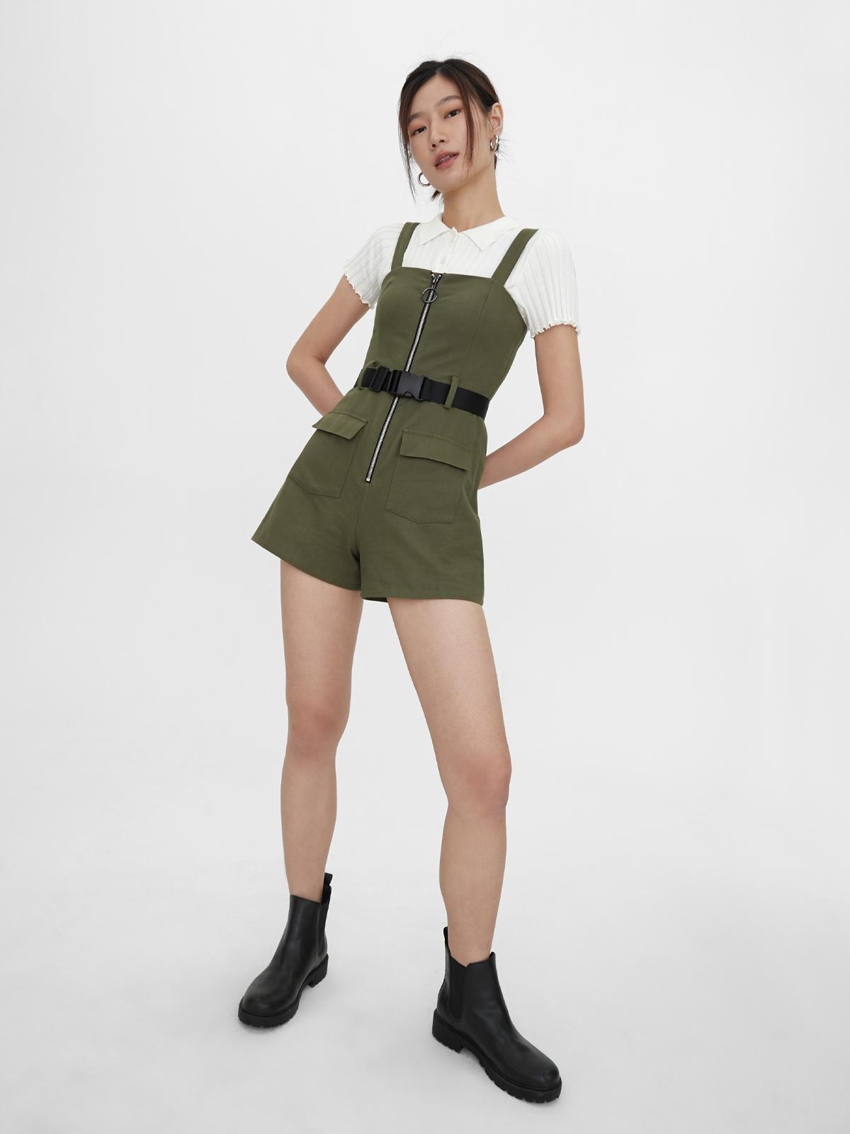 Square Neck Belted Romper - Khaki