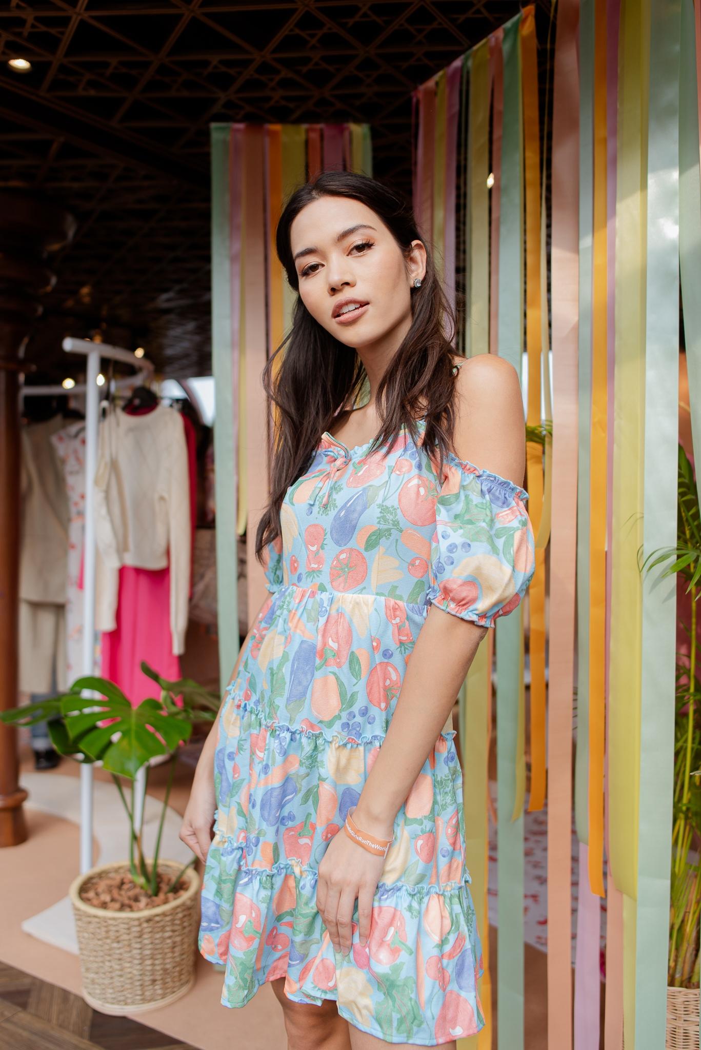 Sustainable Off-Shoulder Printed Mini Dress - Blue