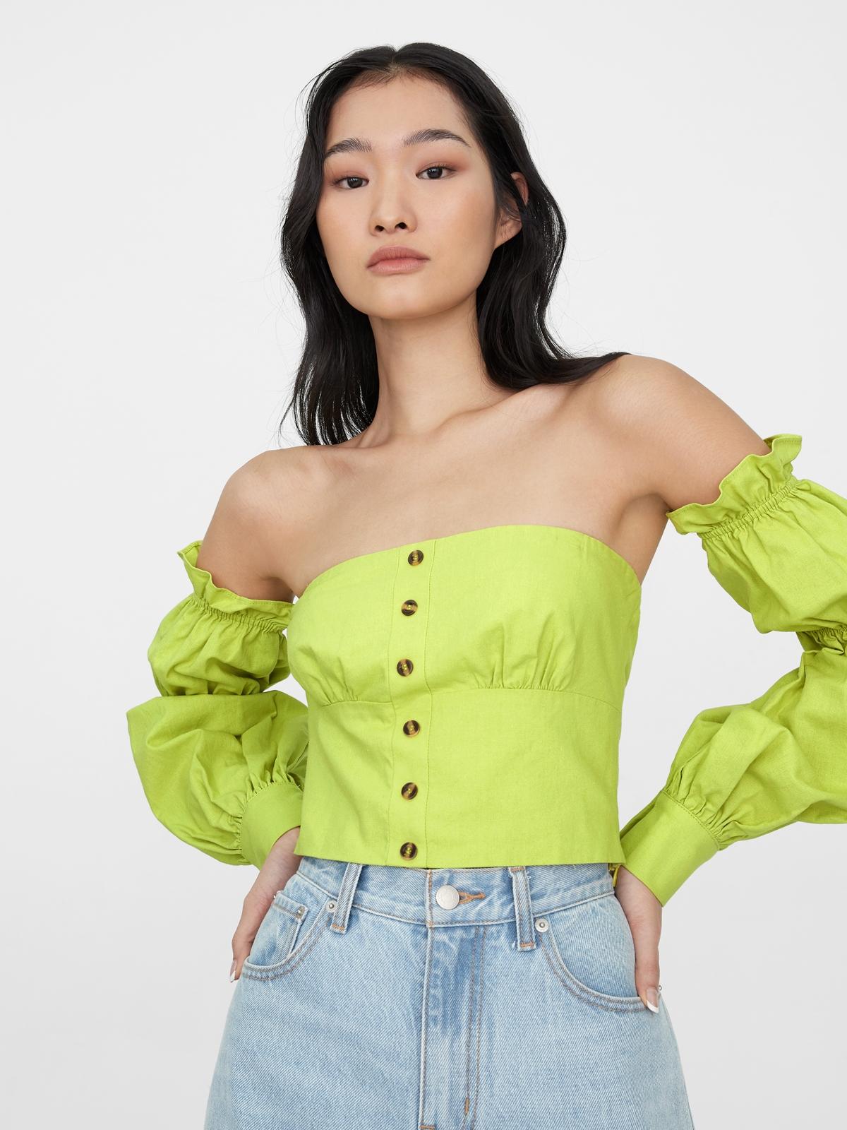 Off Shoulder Ruffled Sleeves Top - Green