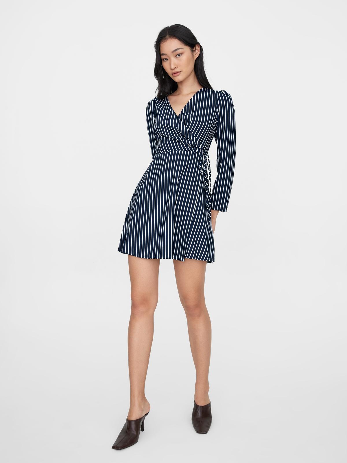 Waist Tie Full Sleeves Dress - Navy