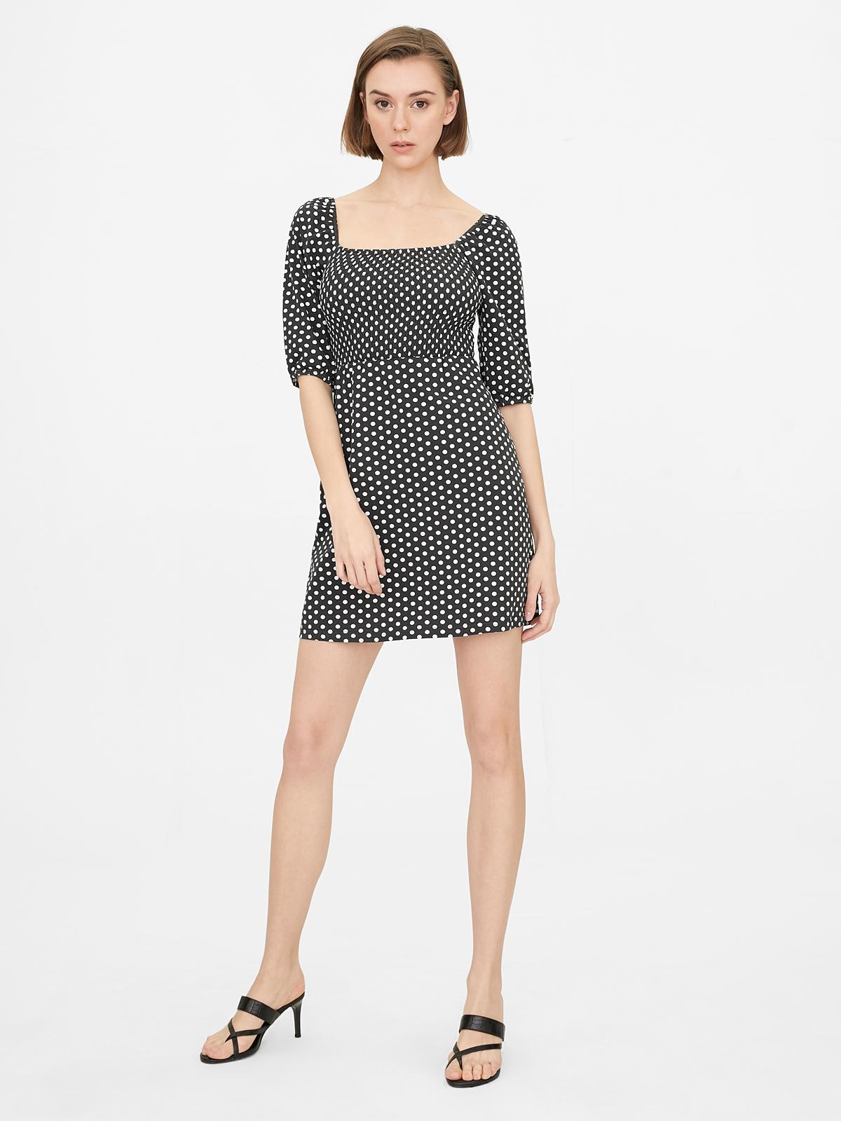 Smock Ruched Polka Dot Dress - Black