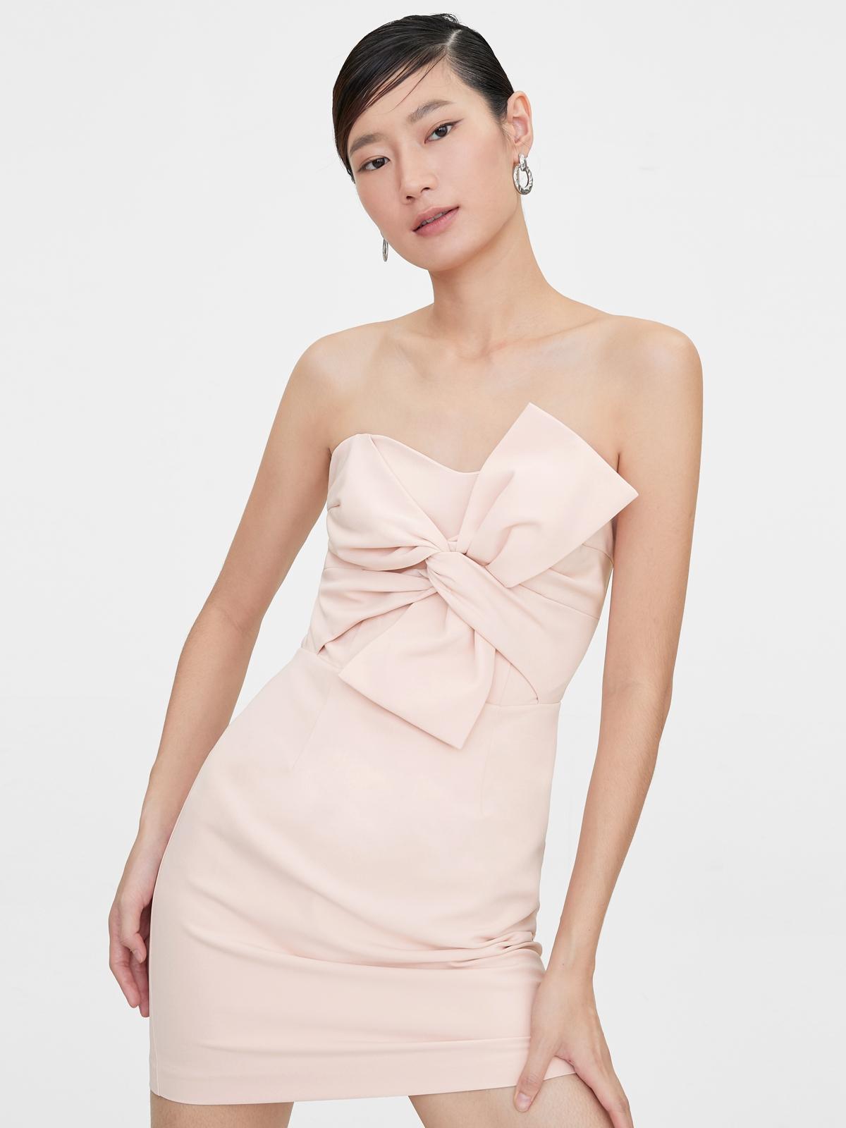 Sweetheart Ruched Bow Dress - Pink