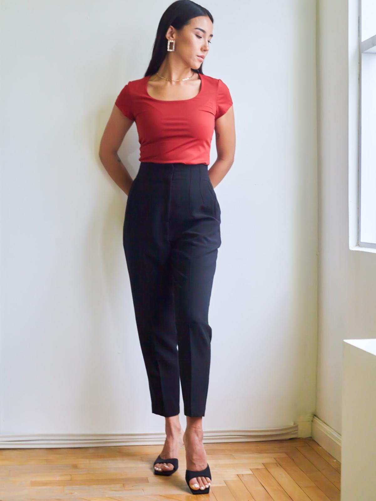 High-Waisted Long Crepe Pants - Navy Blue