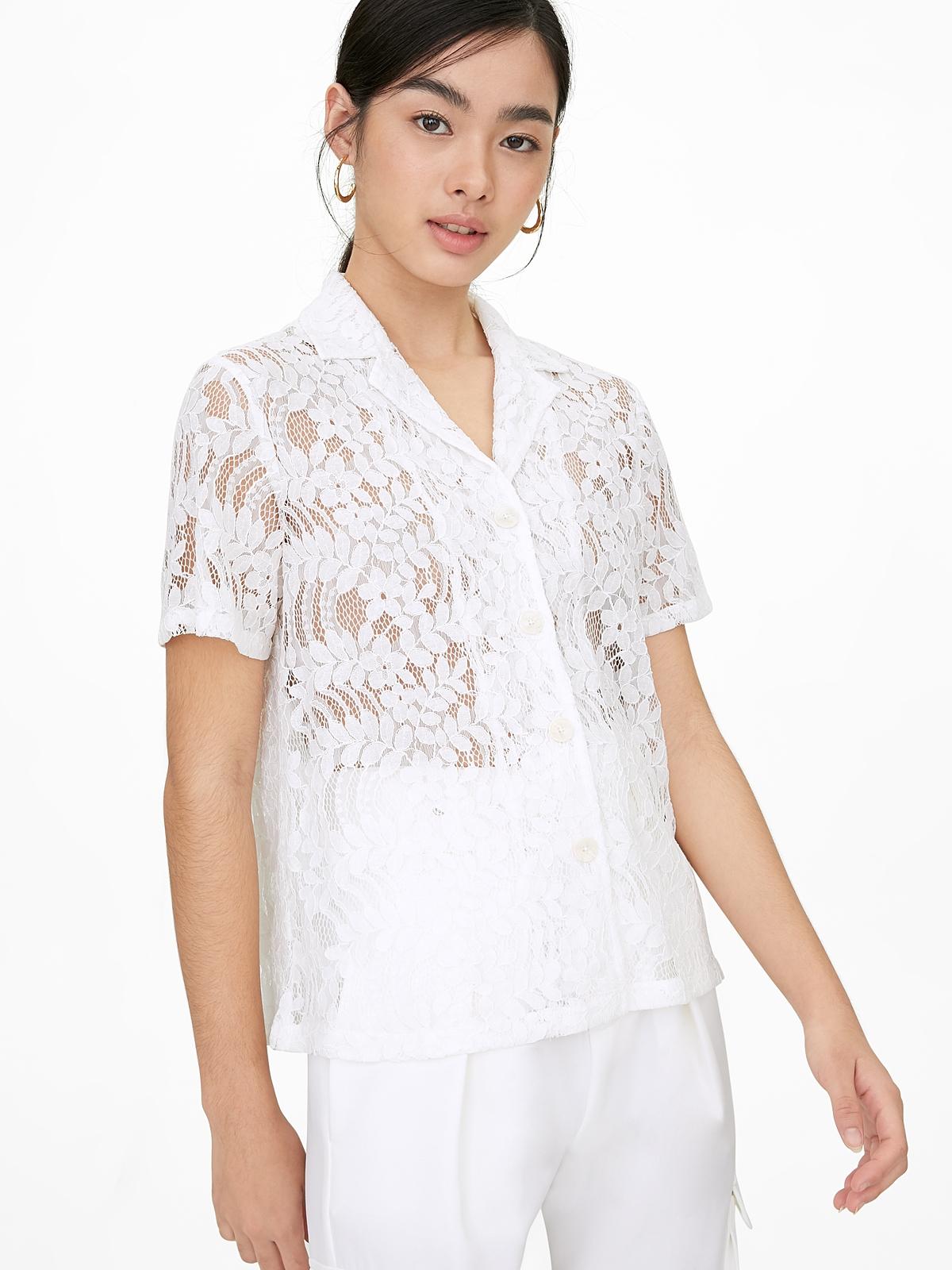 Lace Button Up Short Sleeve Shirt - White
