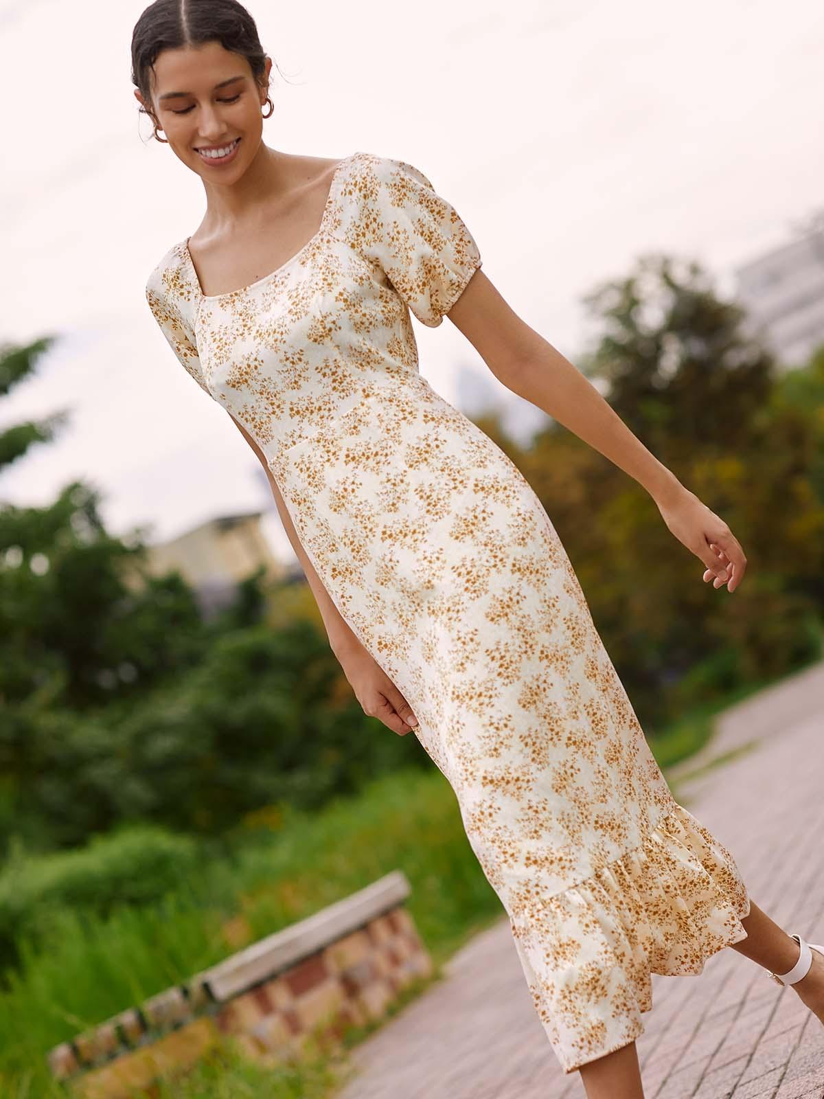 Sustainable Puff Sleeve Square Neck Midi Dress - Yellow