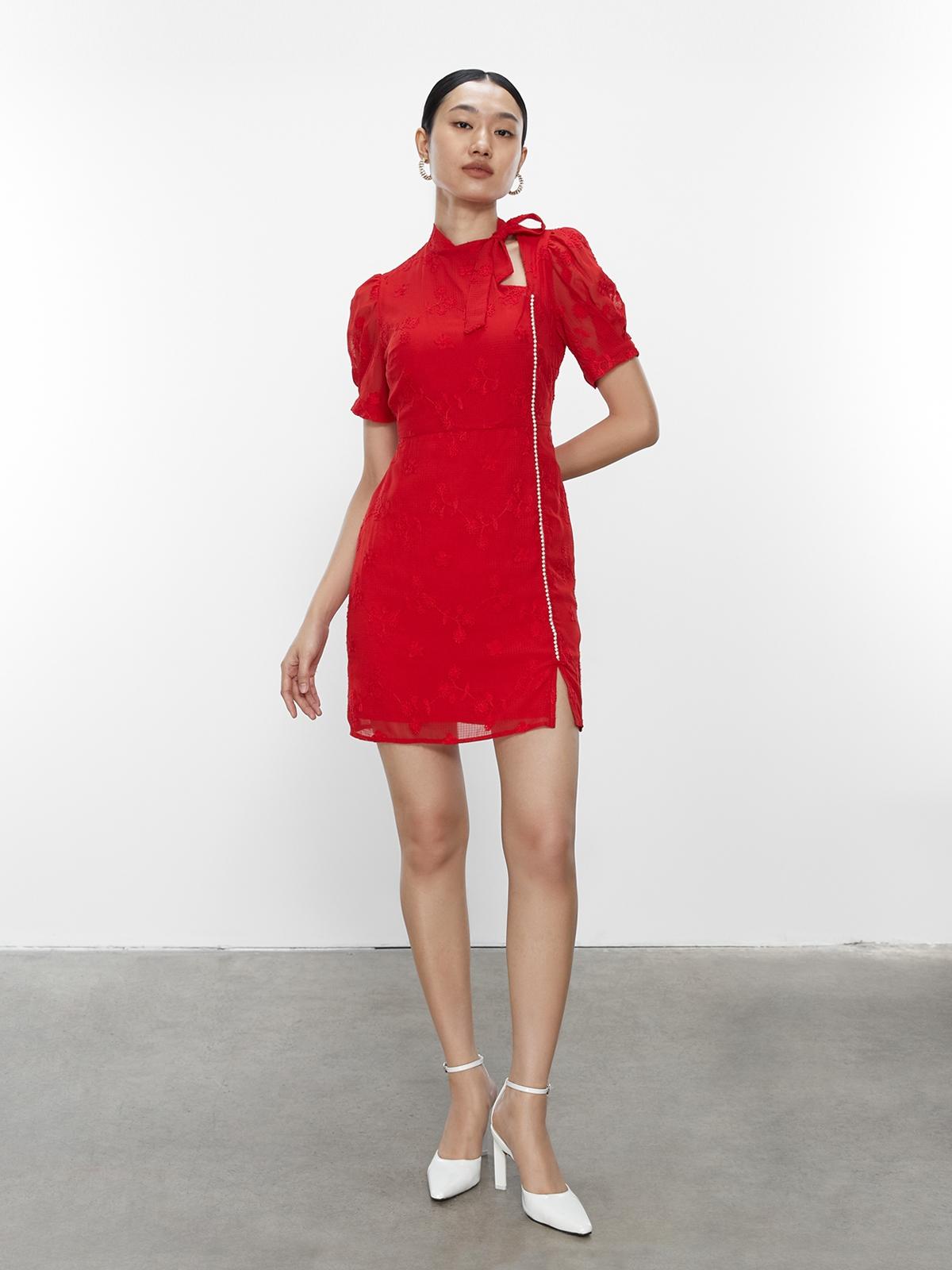 Puffed Sleeve Tie Neck Mini Dress - Red