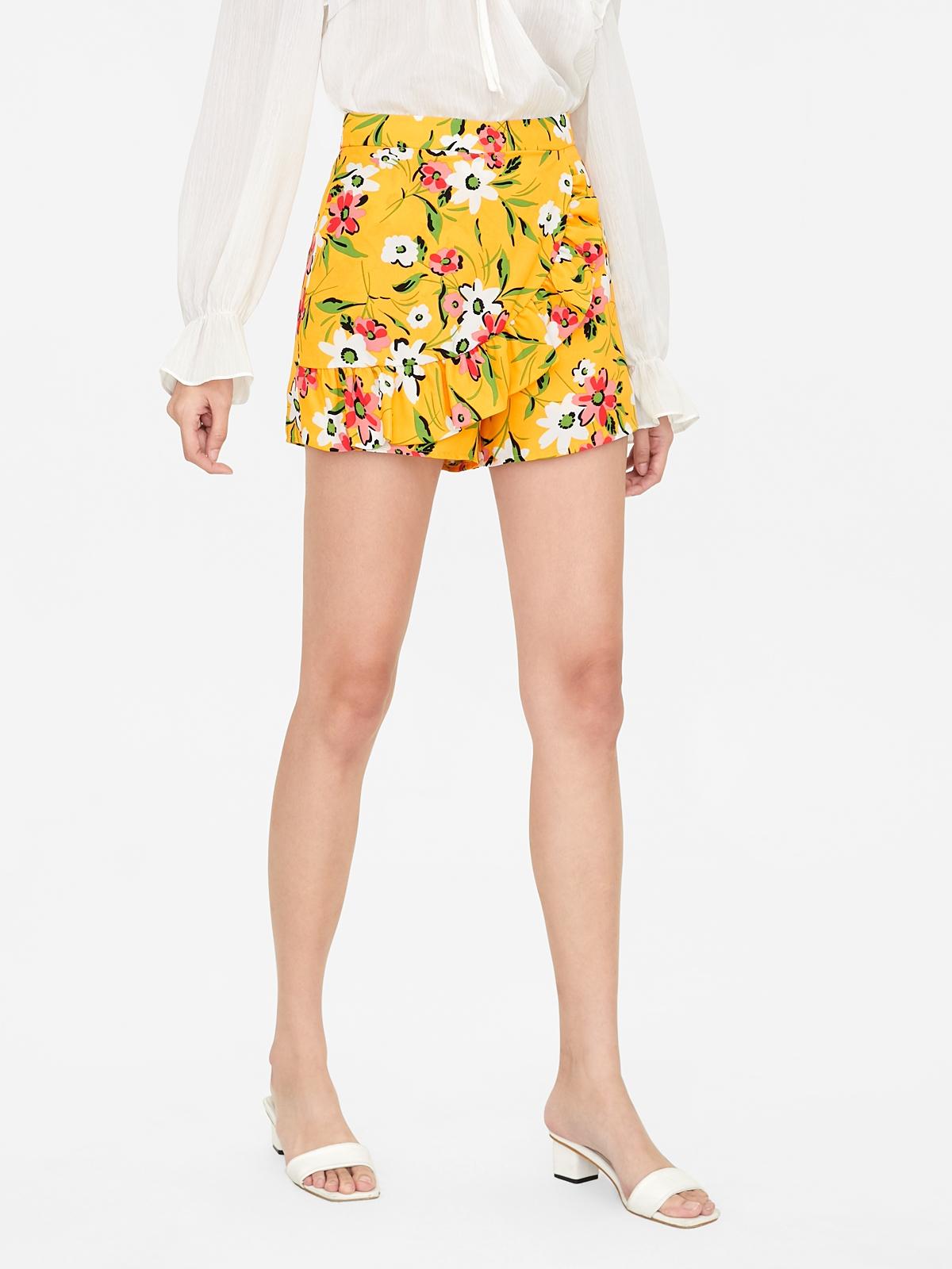 Floral Side Ruffle Skort - Yellow