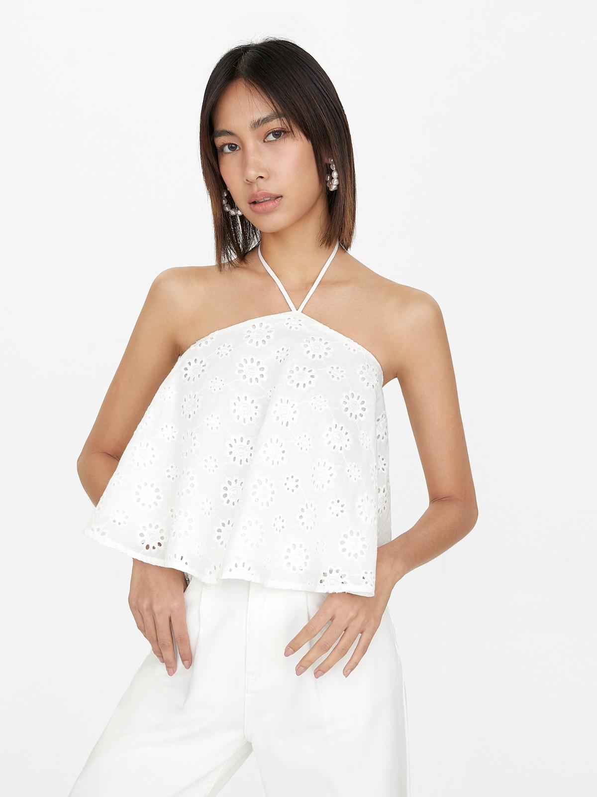 Loose Eyelet Halter Top - White