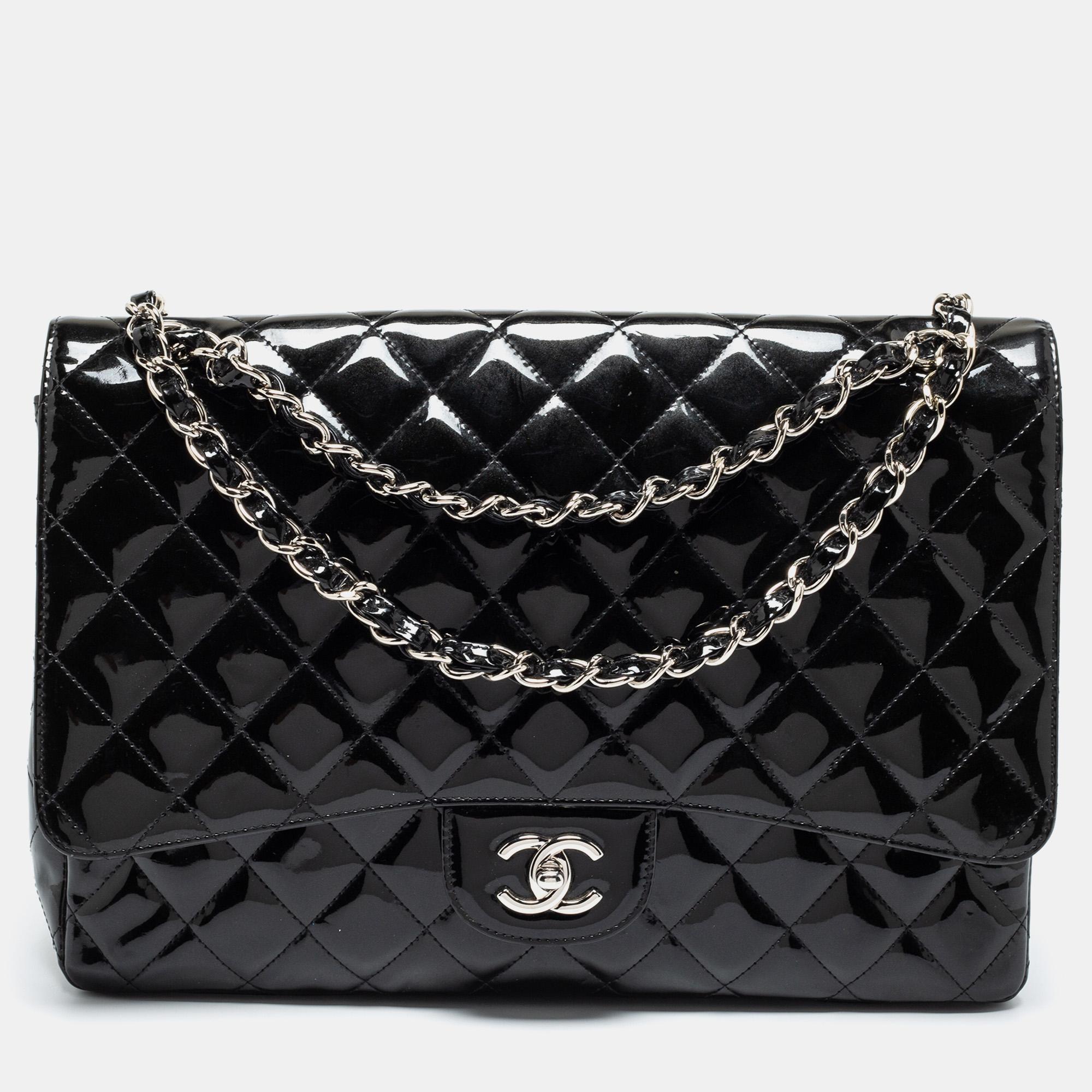 Chanel Black Quilted Patent Leather Maxi Classic Double Flap Bag
