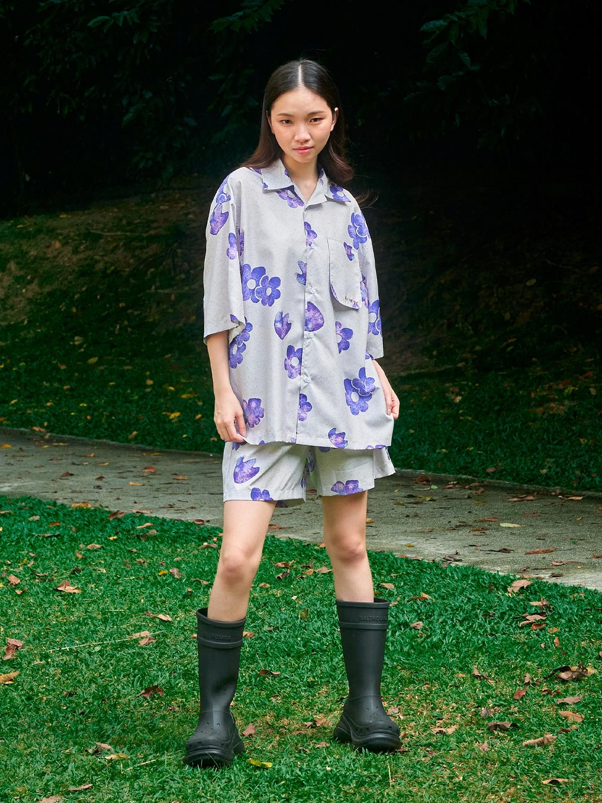 Grey Flower Shirt Set - Grey