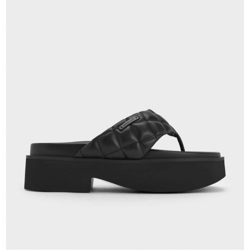 V-Strap Platform Thong Sandals - Black