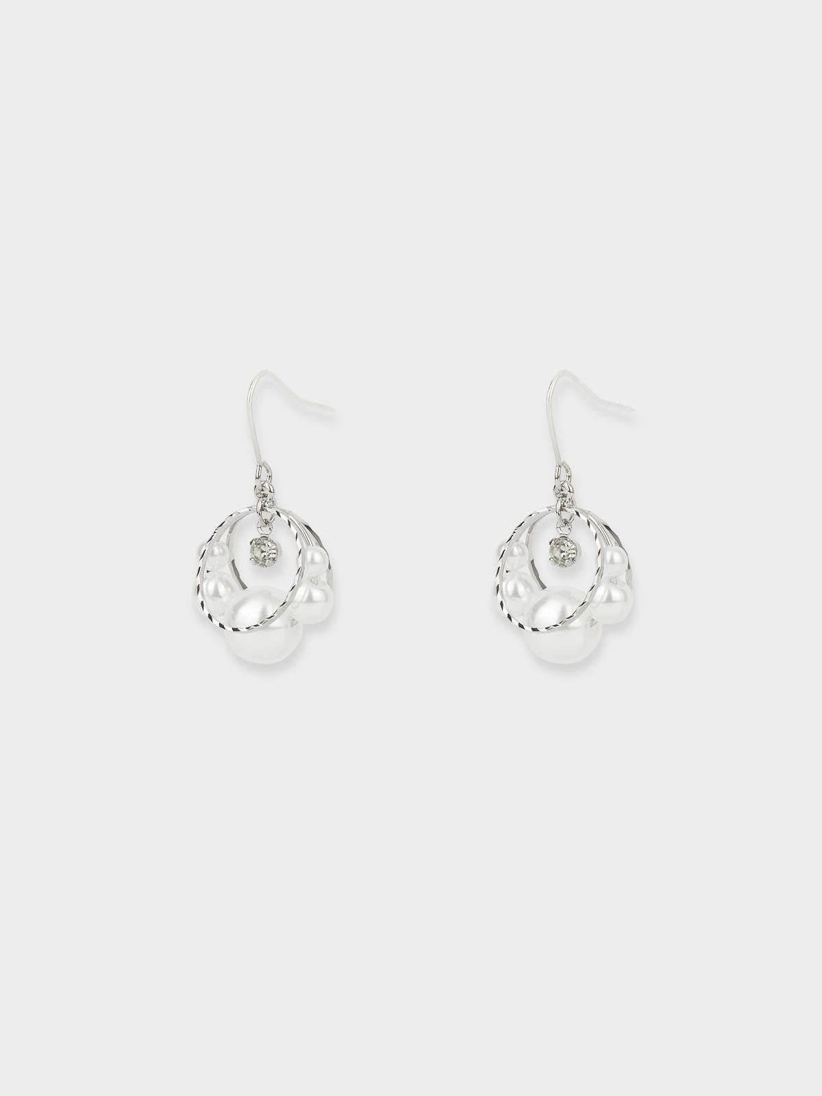 Pearl Accent Hoop Drop Earrings - Silver