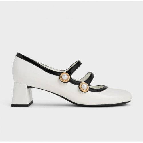 Pearl-Buckle Two-Tone Mary Jane Pumps - White