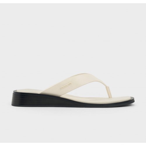 V-Strap Wedge Thong Sandals - Cream