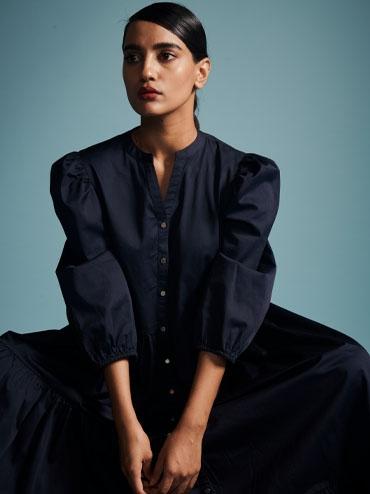 Tiered Poplin Midi Dress - Dark Navy