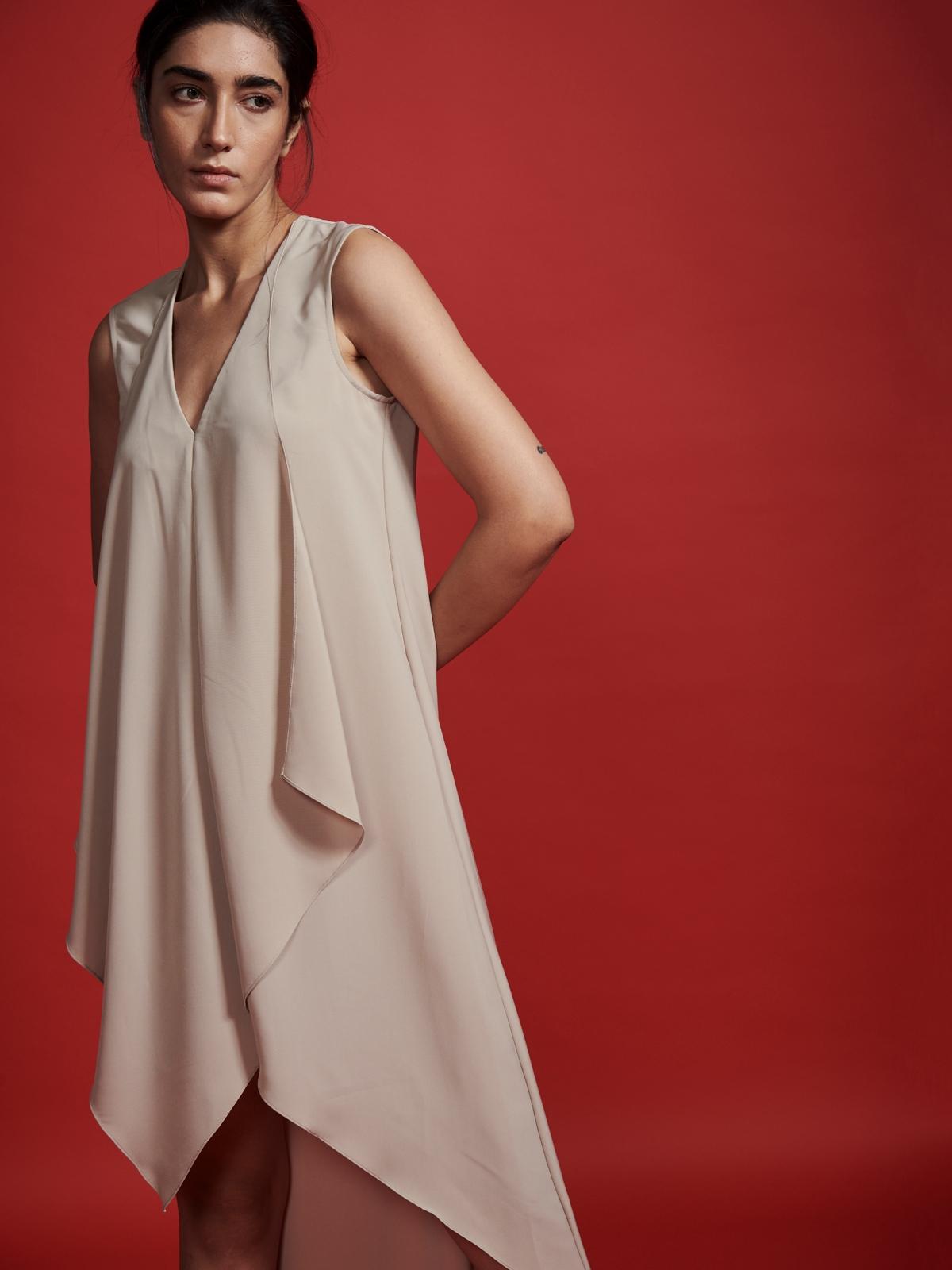 Asymmetric Hem Dress - Sand / Golden Light Metalico