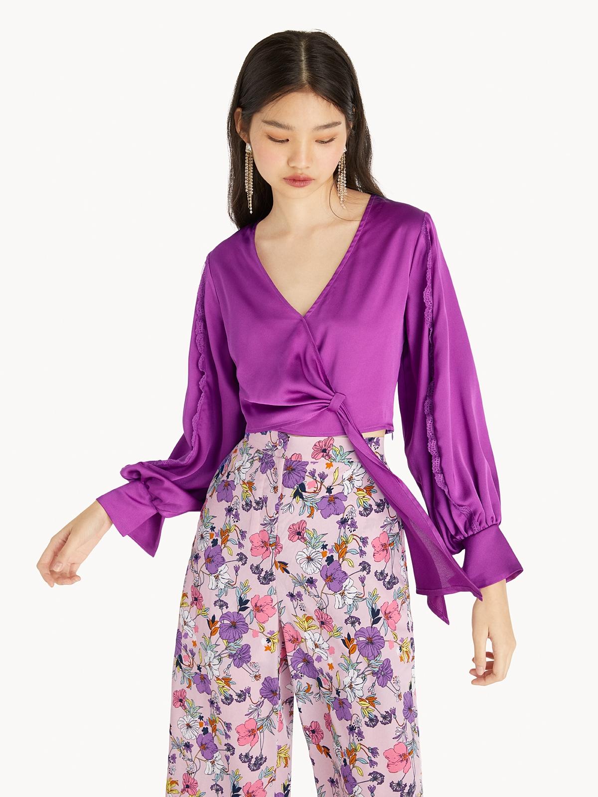 Puffed Sleeve Surplice Blouse - Purple