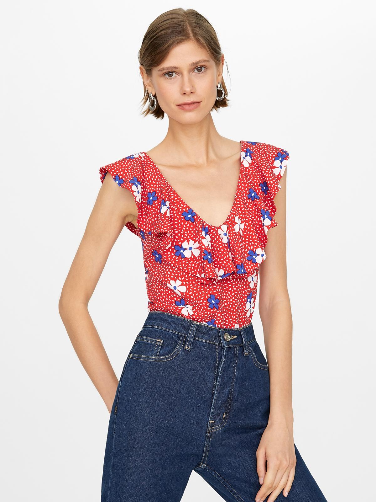 Scoop Neck Floral Bodysuit - Red