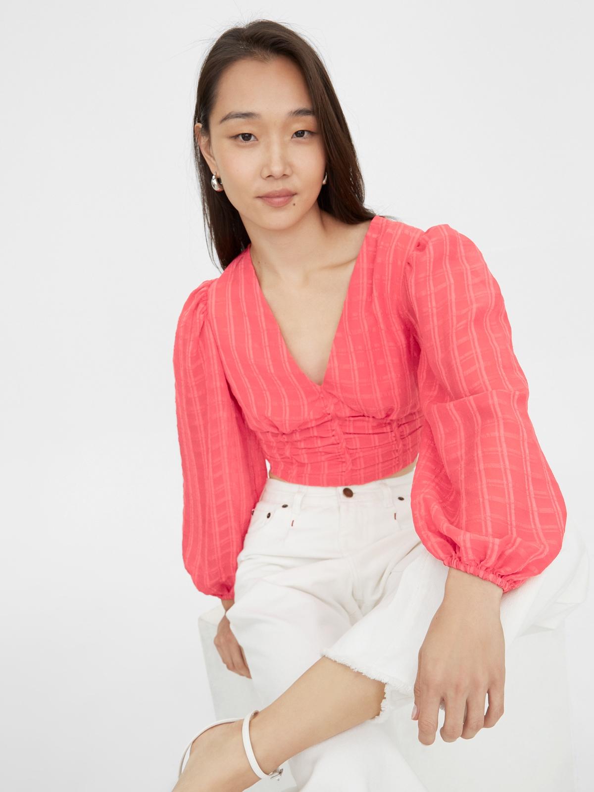 Ruched Puff Sleeve Crop Blouse - Cherry Blossom