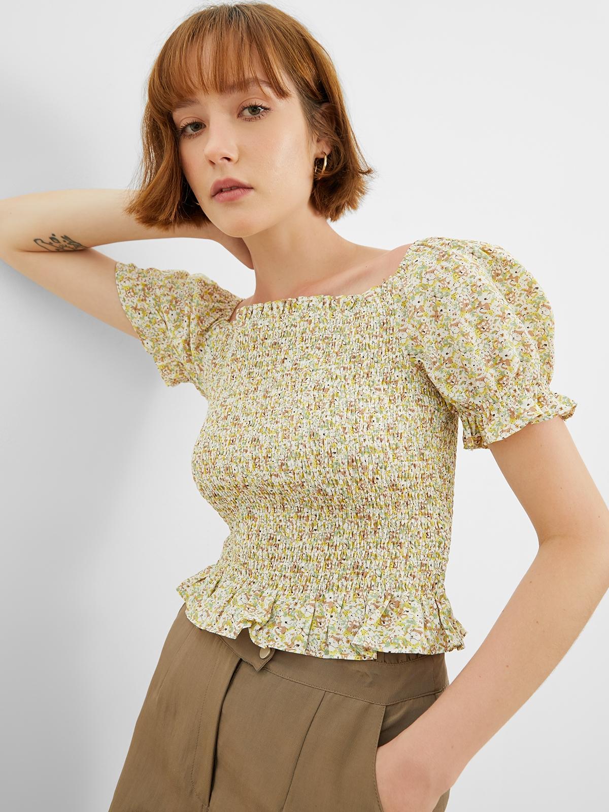 Smocked Floral Print Puff Sleeve - Green