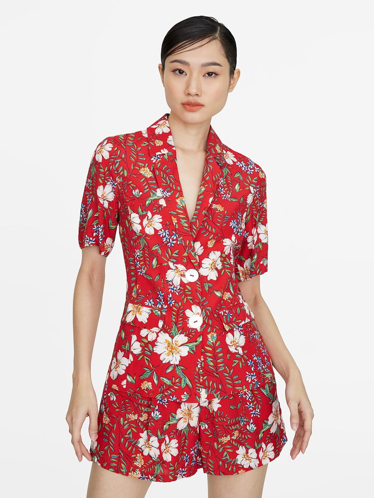 Floral Double Button Blazer - Red