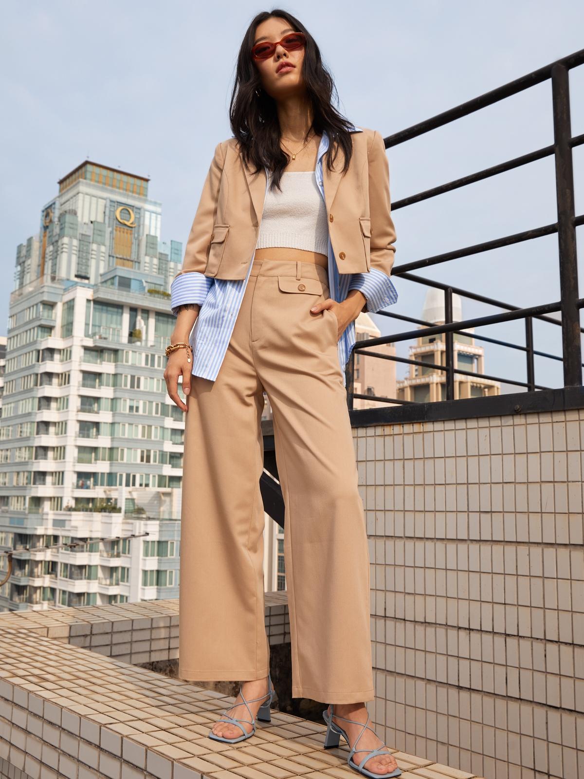 Front Pockets High-Waisted Pants - Brown
