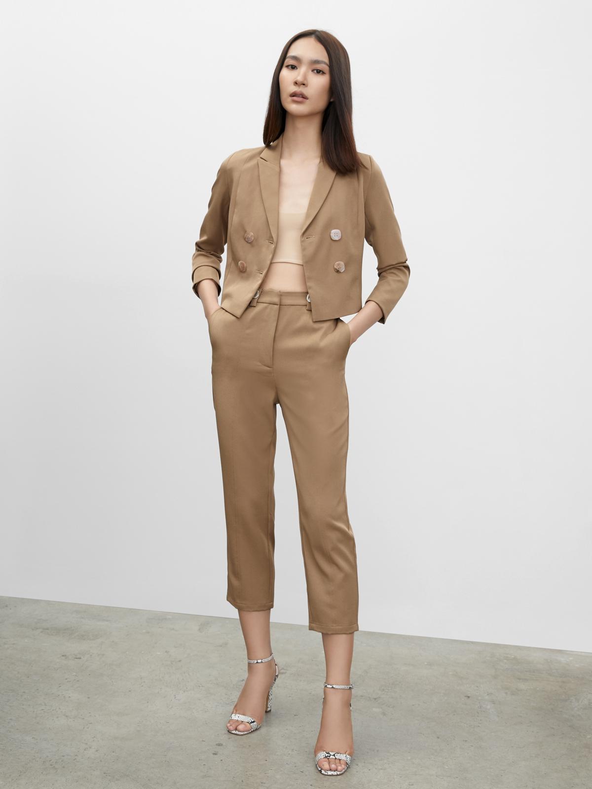 Buttoned Detail Cigarette Pants - Brown