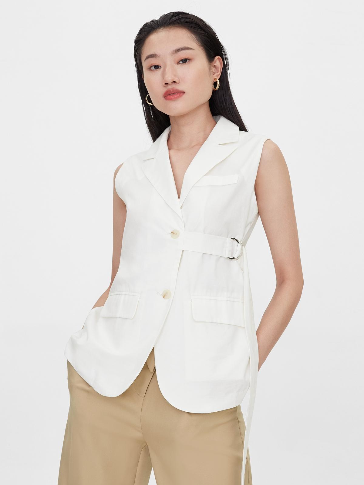 V Neck Side Buckle Sleeveless Vest - White