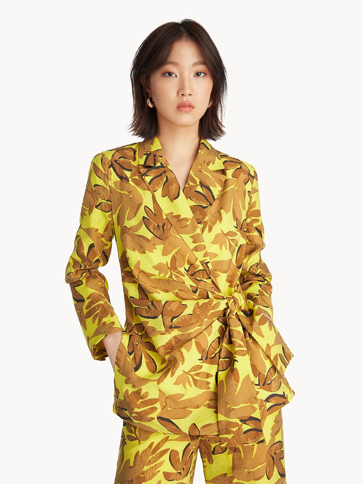 Tie Waist Leaf Print Blazer - Yellow