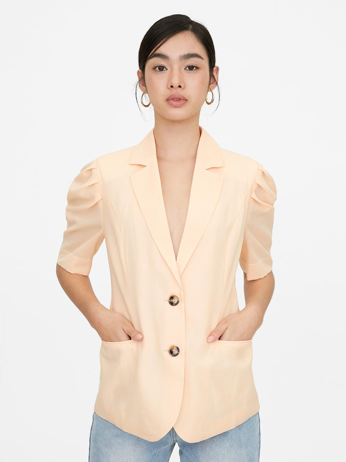Double Button Puffed Sleeves Blazer - Orange