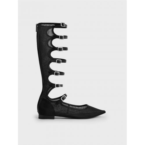  Lyric Mesh Gladiator Pointed-Toe Flats - Black Textured 