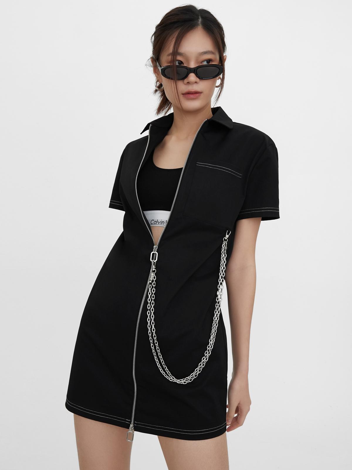 Chain Front Zip Dress - Black