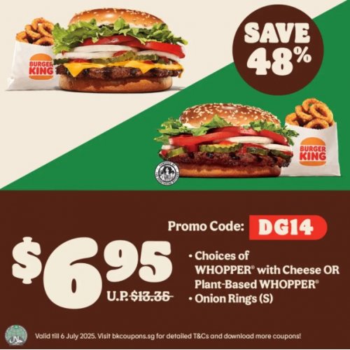 48% Discount: Get a WHOPPER + Onion Rings for $6.95 Only!