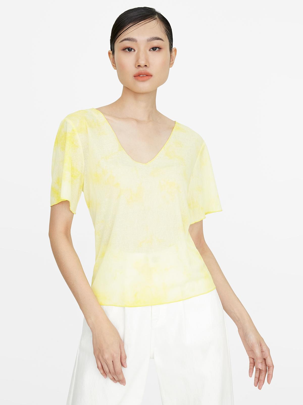 V Neck Tie Dye Top - Yellow
