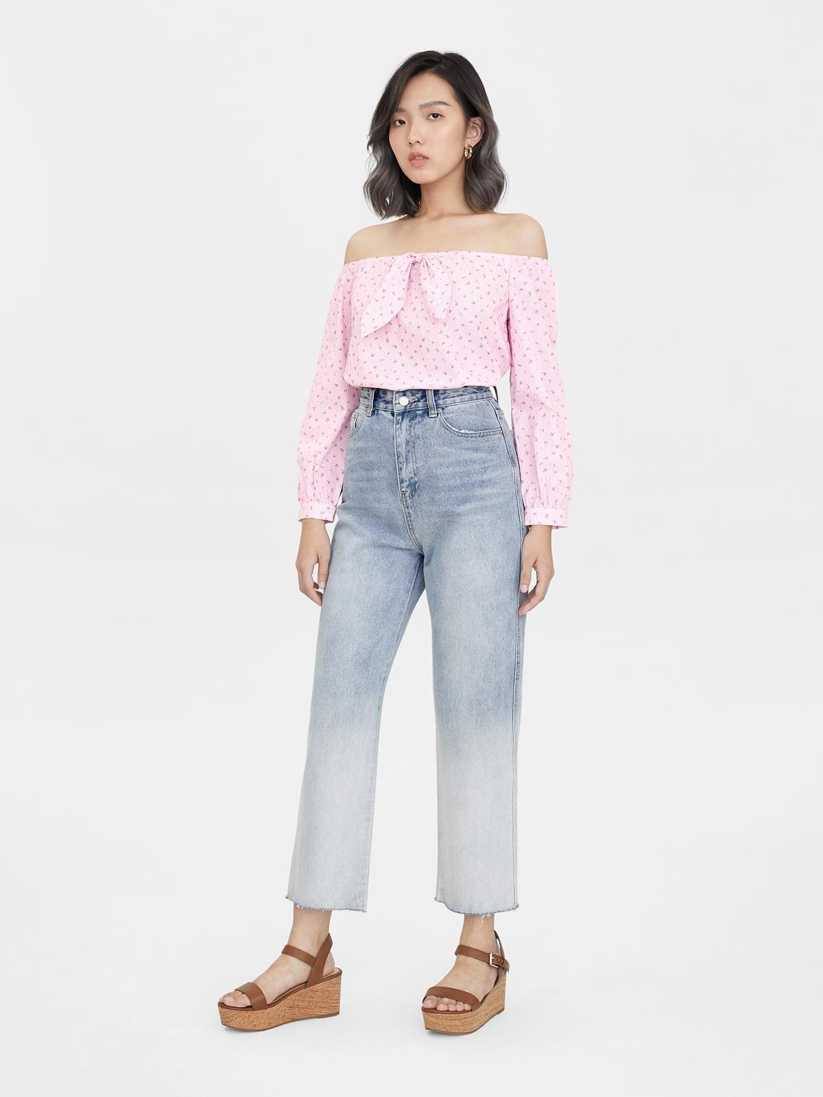Striped Rose Print Off Shoulder Top - Pink