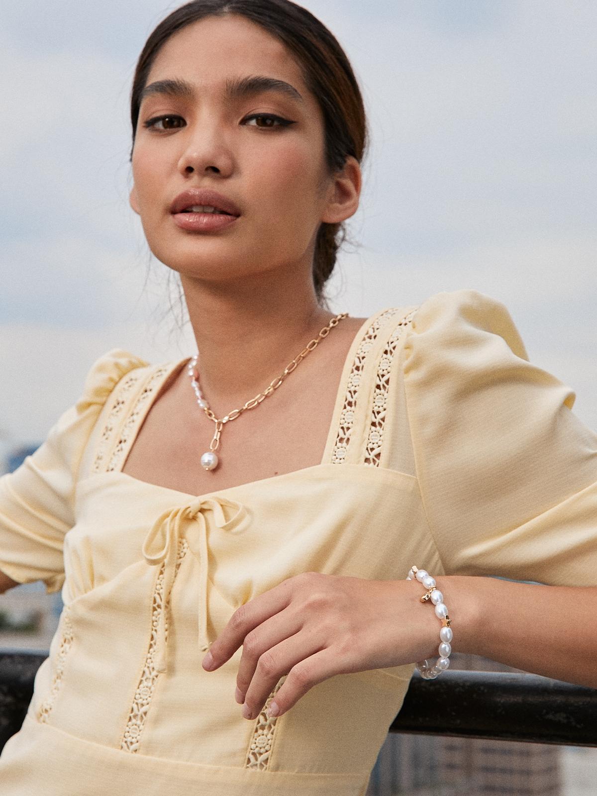 Set Of Bead Necklace & Bracelet - Gold